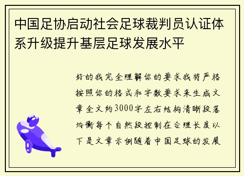 中国足协启动社会足球裁判员认证体系升级提升基层足球发展水平